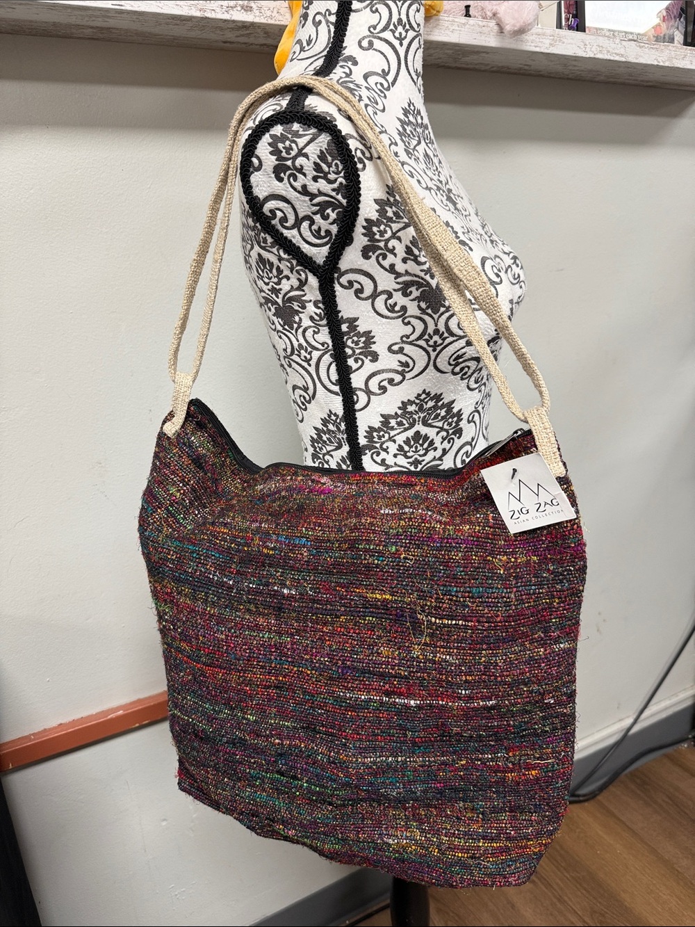 Zig Zag Multicolor Woven Tote with Cream Straps